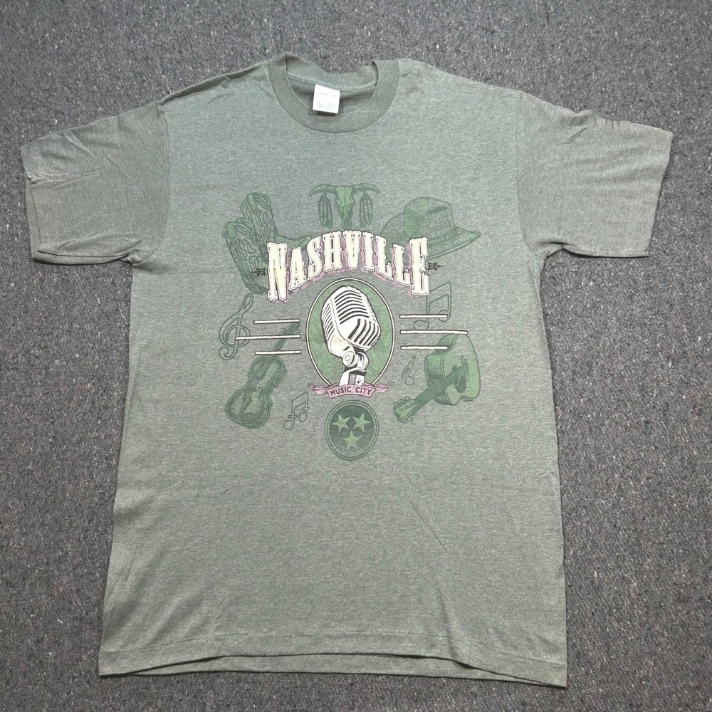 Nashville Music City TShirt Sz L Mens Green Boho Country Single Stitch